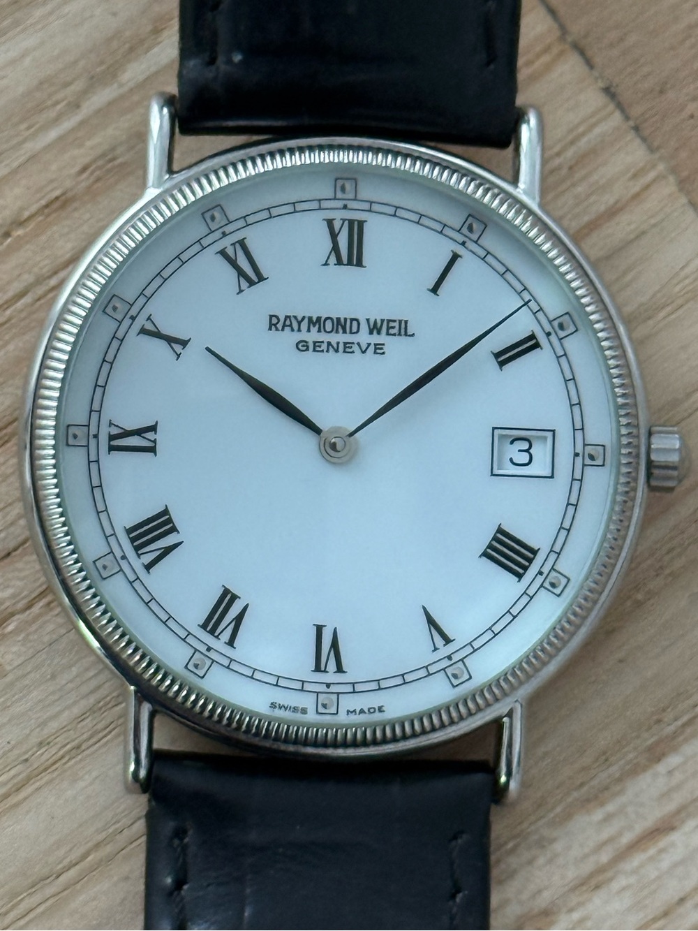 Raymond Weil Geneve Rare Stainless Case Vintage Watch White Dial Leather Strap